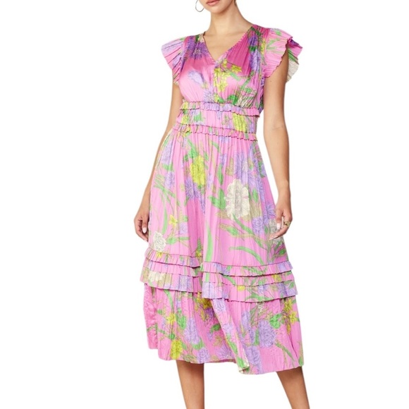 Current Air Dresses & Skirts - Current Air Botanical Motif Floral Pleated Midi Dress Pink Size Medium